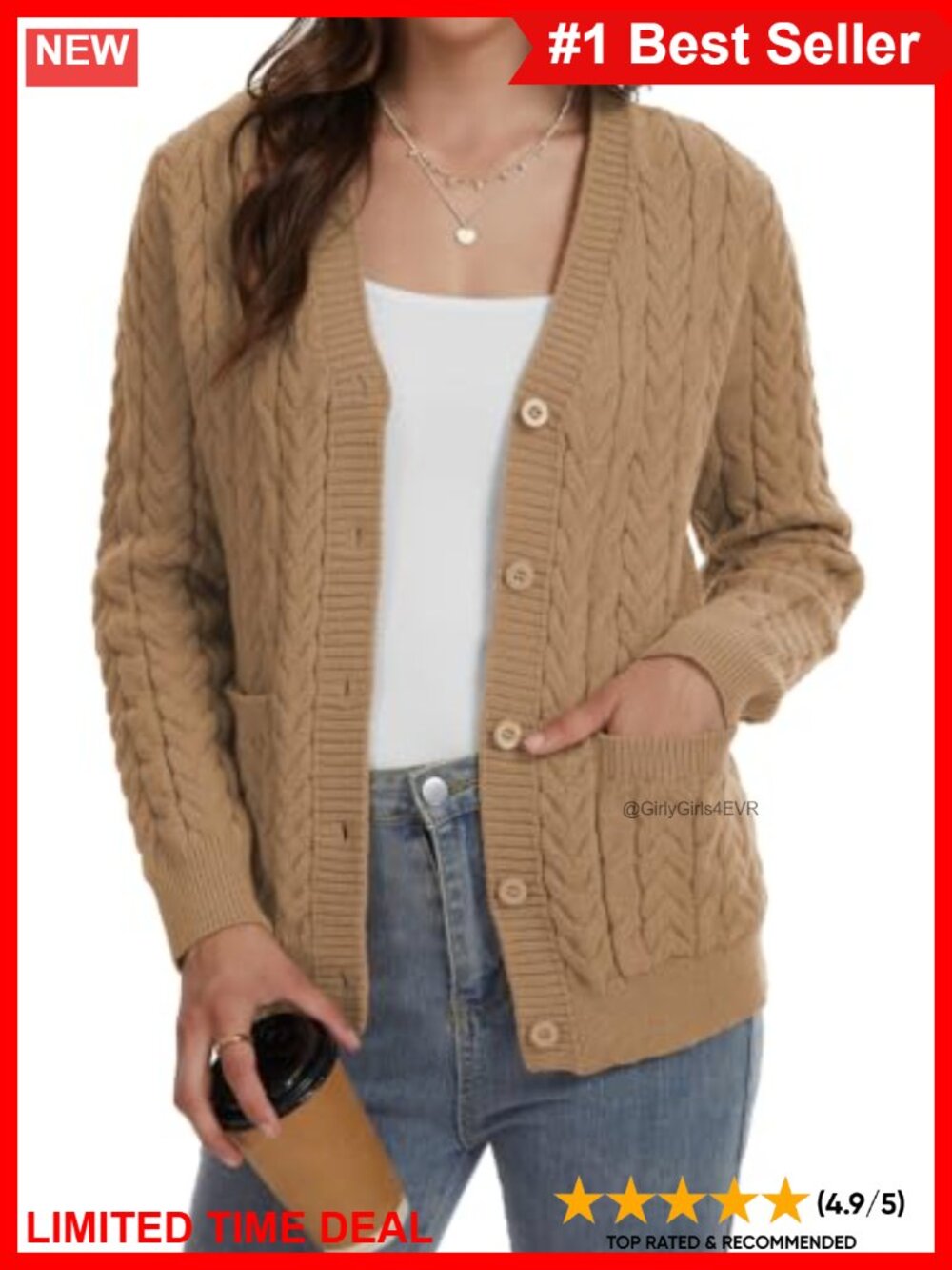 Cable Knit Open Front Button Up V Neck Chunky Cardigan Sweater with Pockets